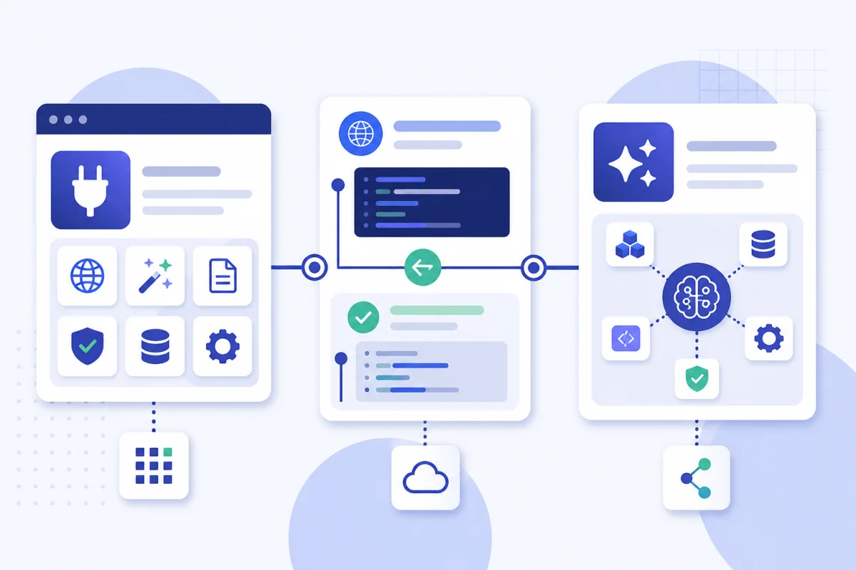 Three connected FindUtils access paths for a browser tool, a REST request, and an AI assistant