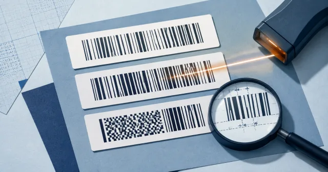 Barcode labels, an optical scanner, and a magnifying lens showing bar spacing.