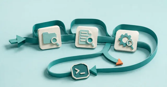 A teal ribbon loops through command blocks with a branch and return path.
