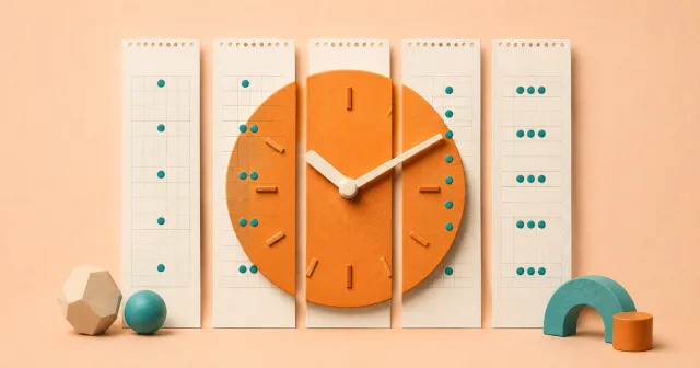 An orange clock beside five calendar columns with repeating schedule markers.