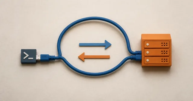 A blue cable connects a terminal plug to an orange server with request and response arrows.