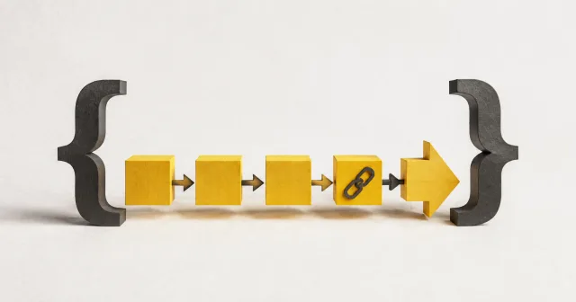 Dark curly braces enclose yellow blocks that form an arrow.