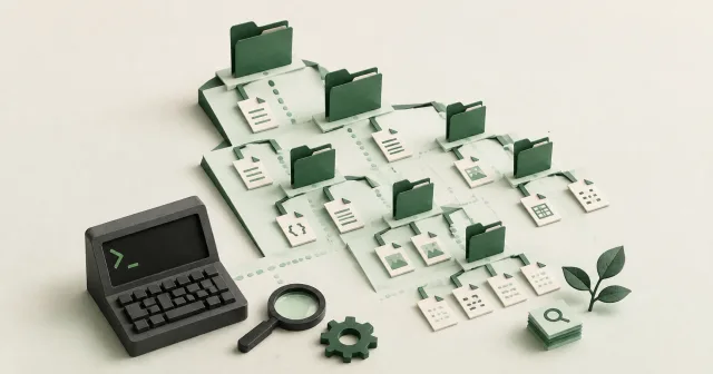 Terminal keys beside a branching arrangement of green folders and files.