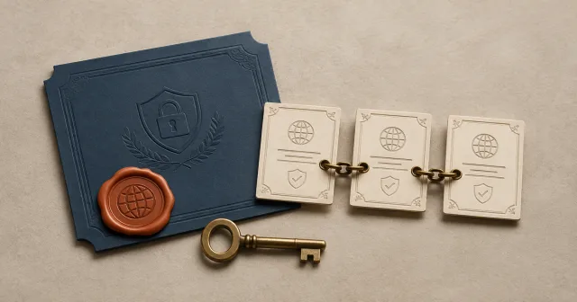 A certificate, wax seal, brass key, and linked certificate cards.