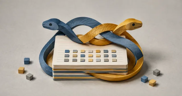Blue and gold ribbon snakes above ordered data cards.