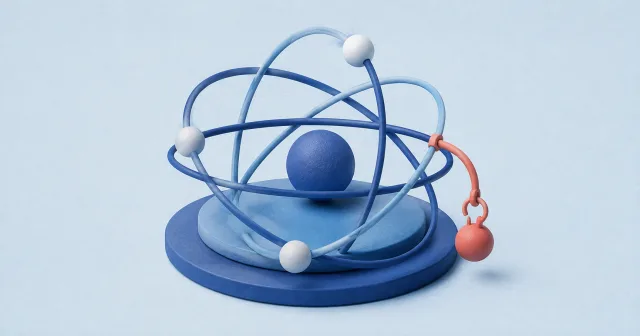 Blue orbital tracks connect state nodes through a coral hook.