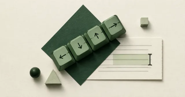 Green directional keys beside an editor cursor and an emerald diamond.