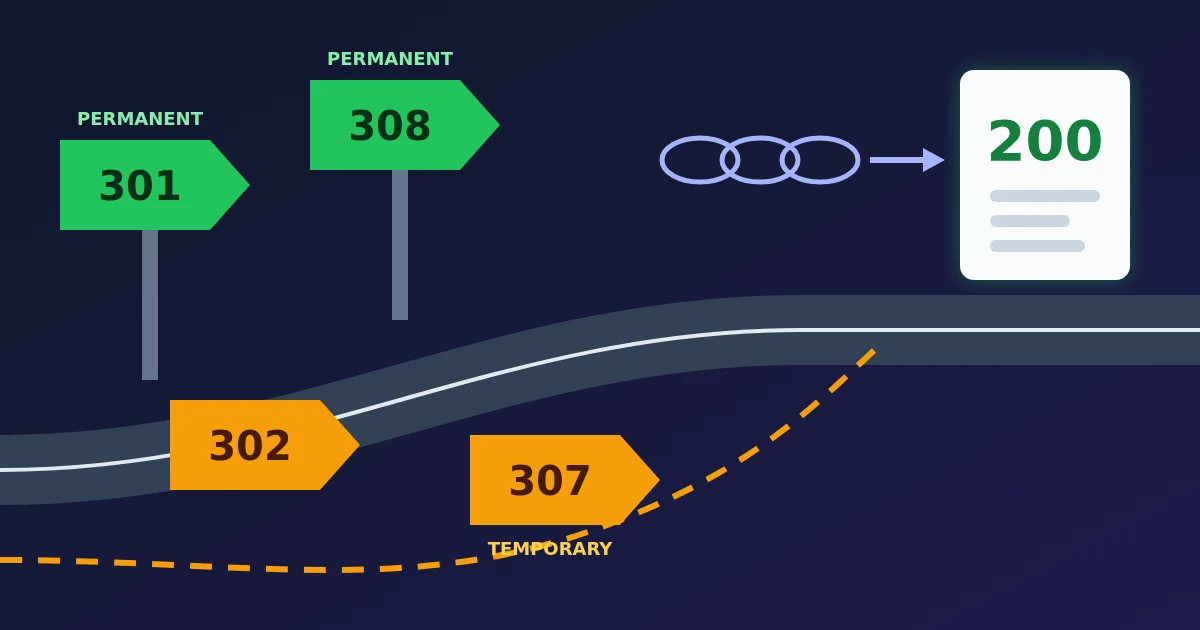 Four arrow-shaped road signs on a dark background: green 301 and 308 signs marked permanent beside a solid road, orange 302 and 307 signs marked temporary beside a dashed detour, and a chain of three links with an arrow pointing to a page marked 200.