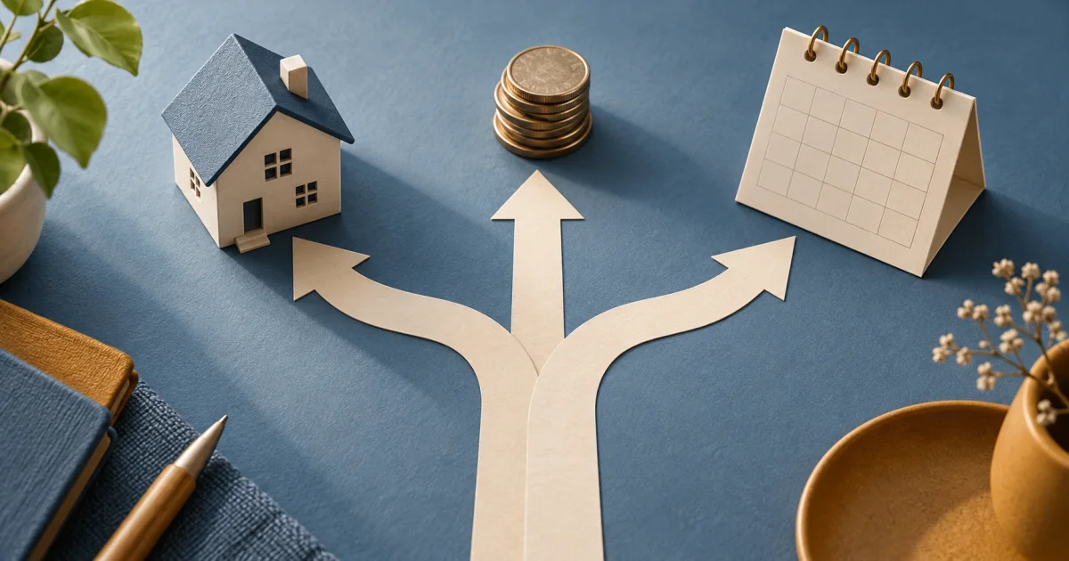 A model house, plain coins, and a paper calendar sit beside branching paths.
