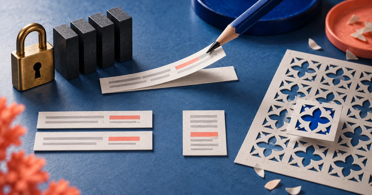 A padlock, editing pencil, matching paper strips, and a pattern stencil illustrate four text-processing tasks.