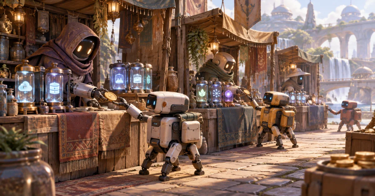 Small autonomous mechanical couriers exchange plain tokens for sealed data capsules along several connected market stalls.