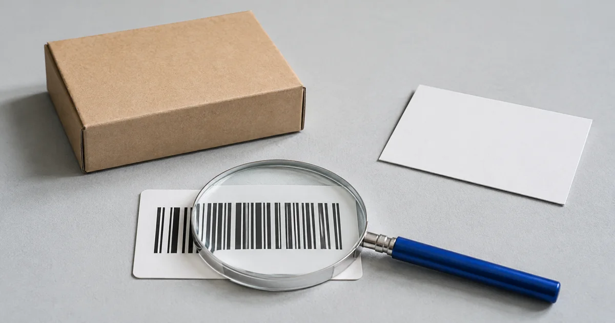 A magnifying lens above a barcode label, with a separate product carton and catalog card behind it.