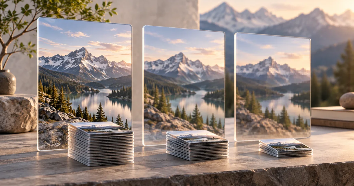 Three translucent picture panels show the same mountain scene with different amounts of surface detail and compact storage stacks.