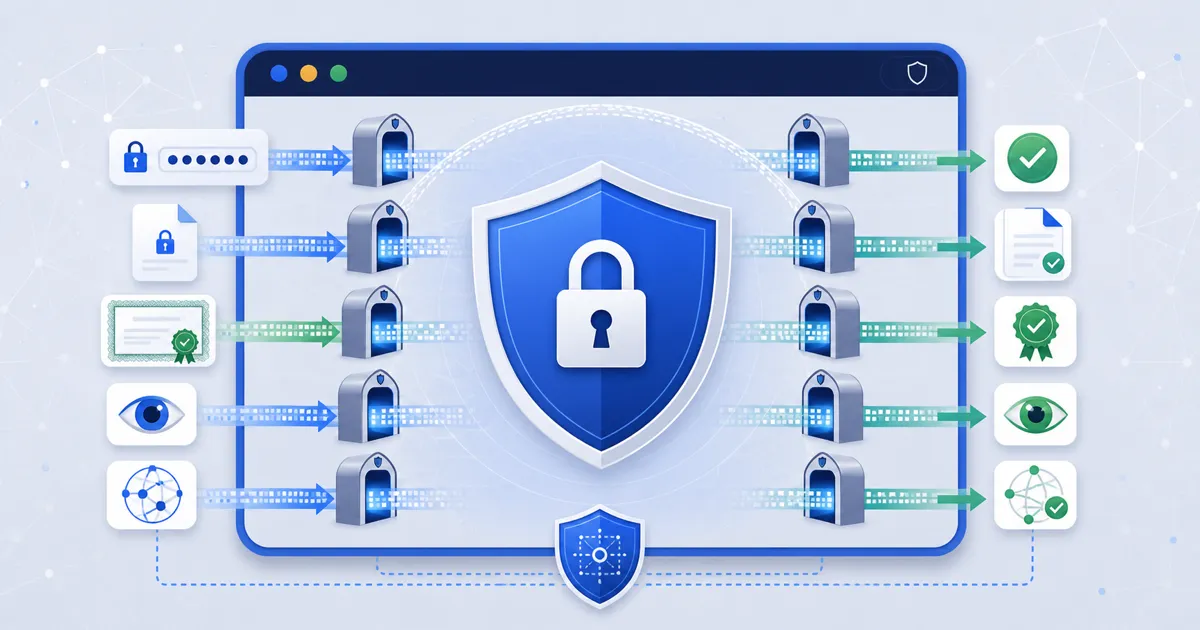 Password, encryption, certificate, privacy, and network checks pass through protected browser gates.