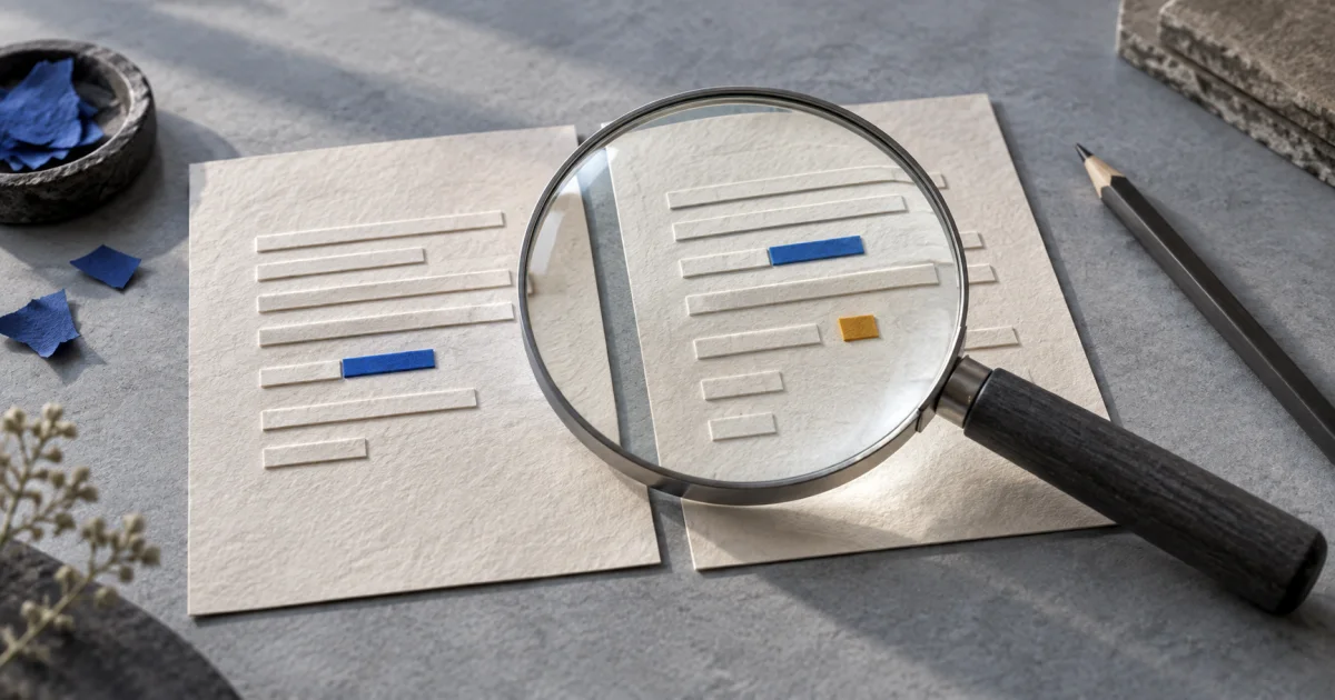 A magnifying lens reveals a moved blue strip and an added amber square on two otherwise similar paper documents.