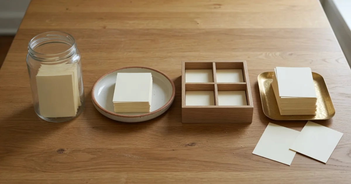 Four containers in a row on an oak table - a glass jar, a ceramic dish, a compartment box and a brass tray - each holding the same blank cream cards, with two cards left over beside the fullest one.