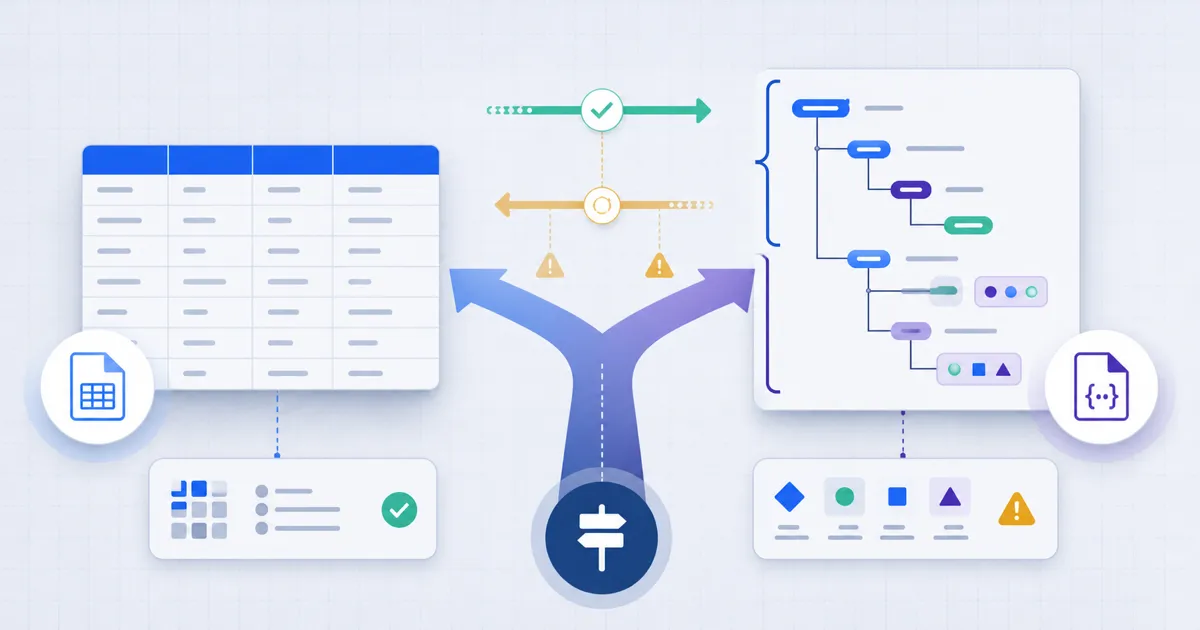 A decision fork separates a flat table from a nested data structure, with warnings on lossy conversion paths.