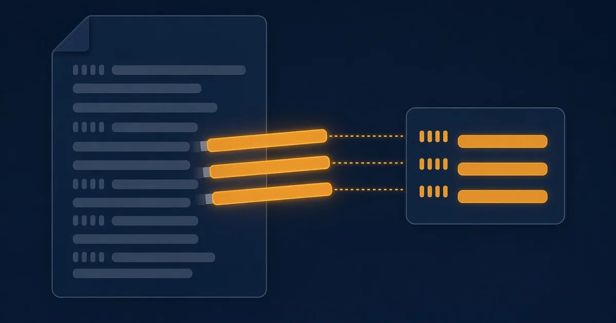 A tall document made of grey sentence strips on a dark navy background, with three glowing amber strips lifted out and lined up on a short card to the right.