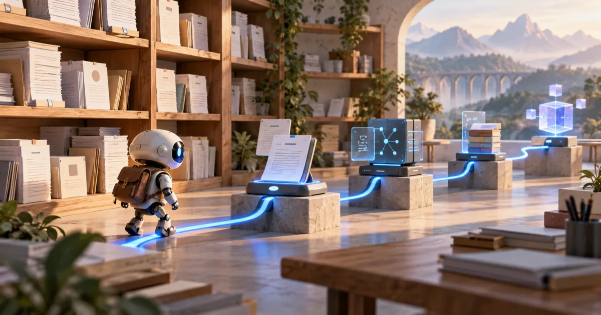 A small mechanical explorer follows a continuous blue path through open document shelves and clearly connected data stations.