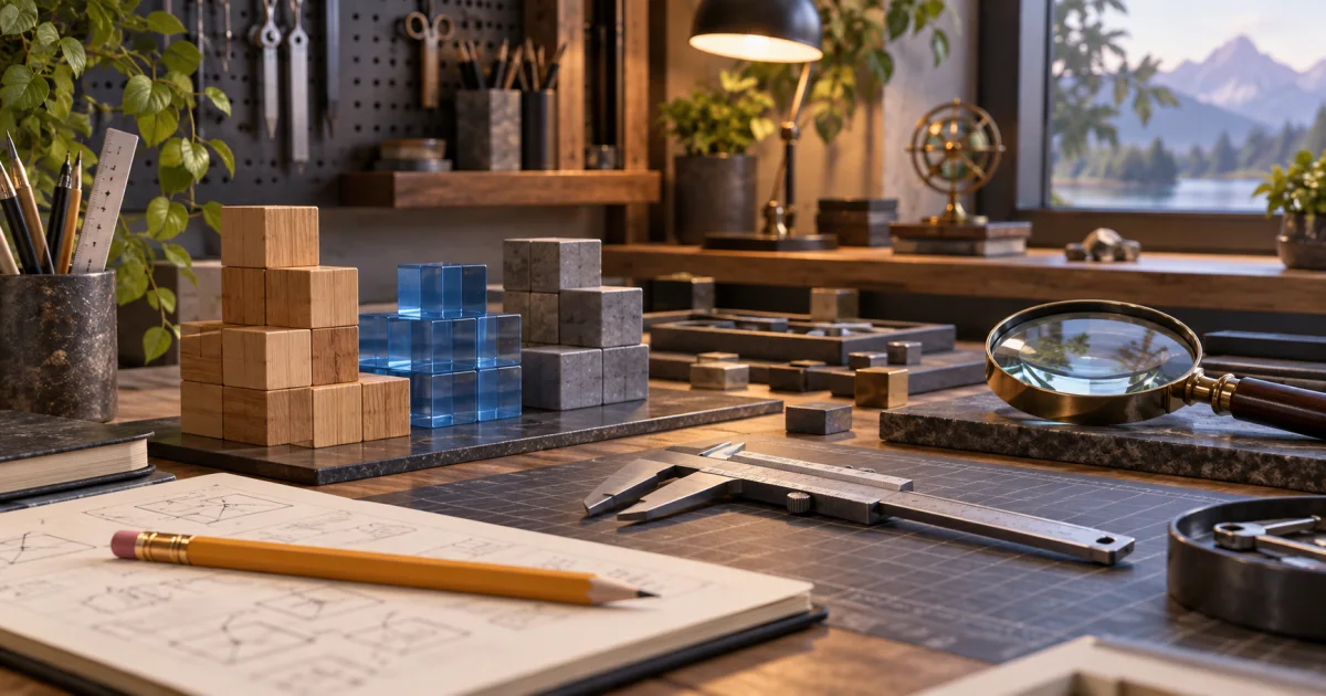 A precise workshop contains an editing pencil, measuring calipers, structured data blocks, and a magnifying lens in separate working areas.
