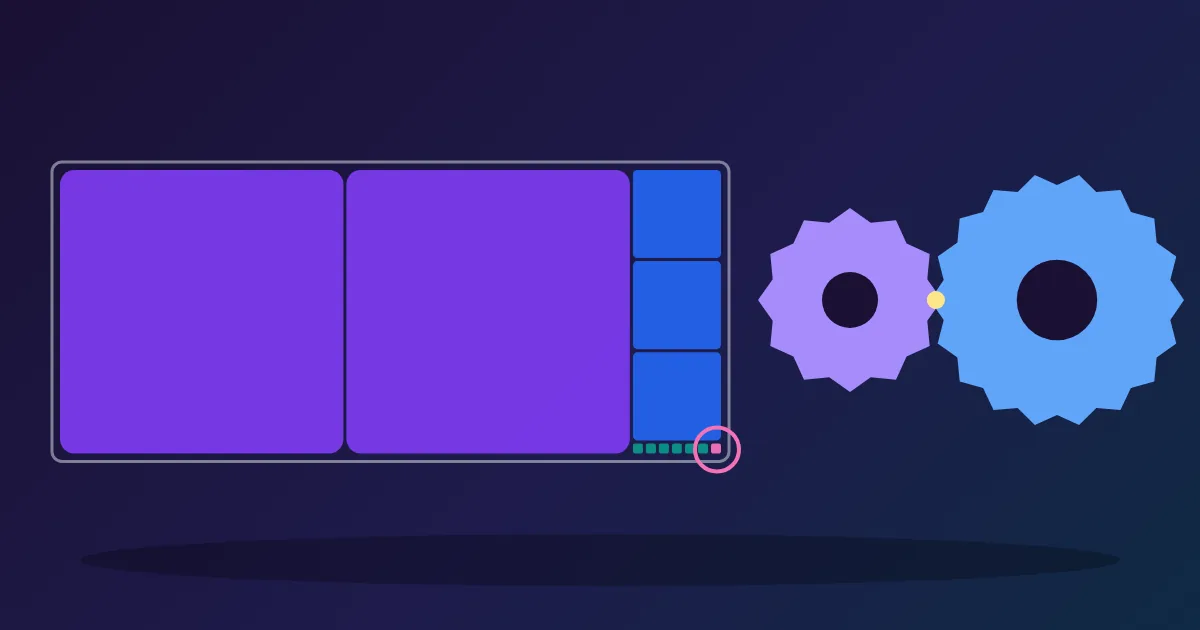 A long rectangle filled with progressively smaller squares in violet, blue and teal, the smallest square highlighted, beside two gear wheels of different sizes whose marked teeth line up.