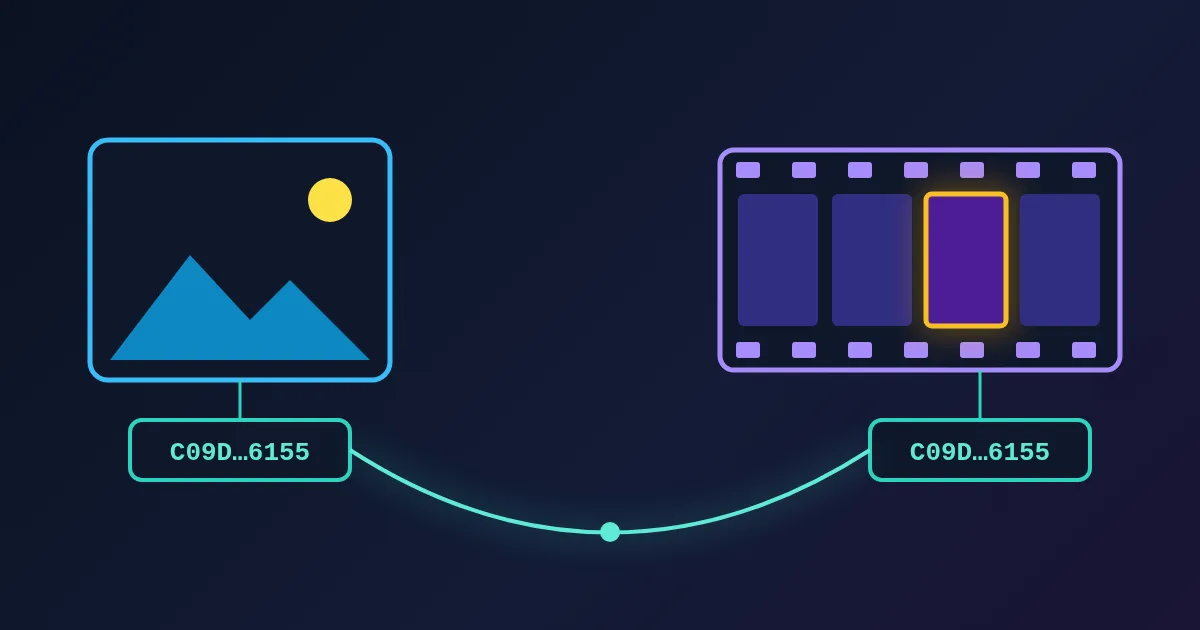 A photo card and a film strip on a dark navy background, joined by a glowing teal thread that runs between two matching ID tags, with one frame of the film strip highlighted in amber.