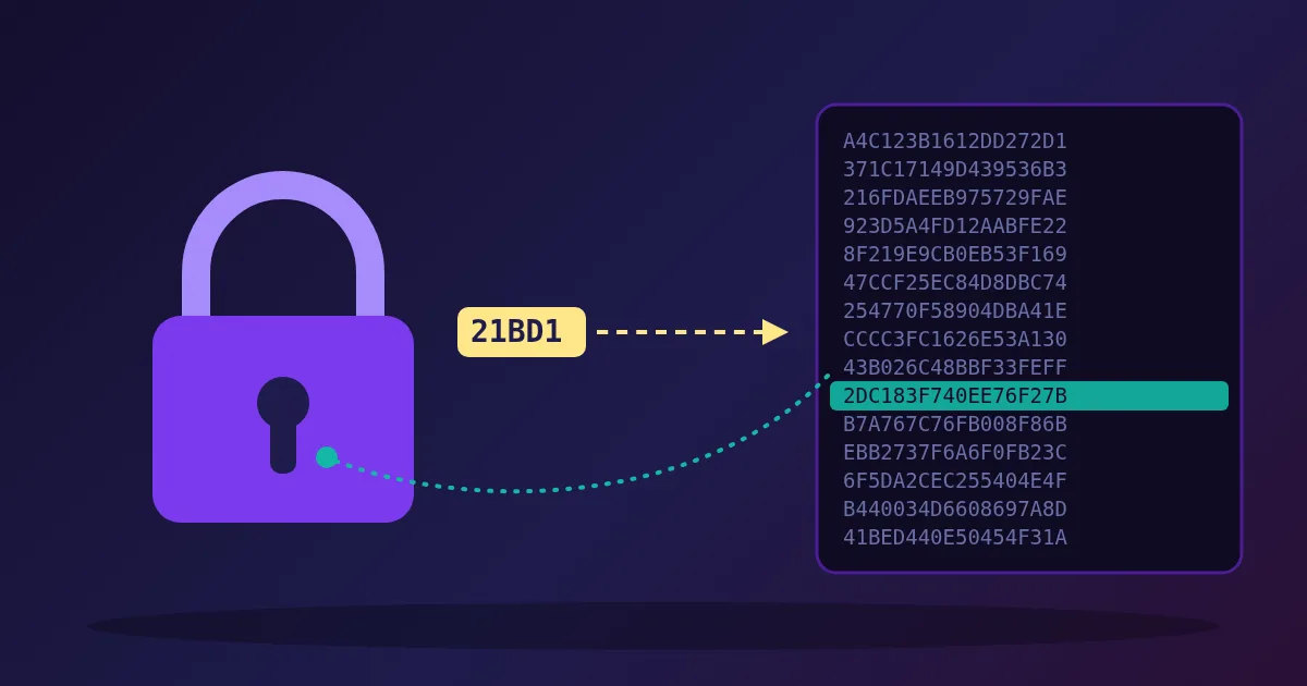 A purple padlock on a dark background; a yellow tag holding only the five characters 21BD1 travels to a panel of hash rows, one row highlighted in teal, with a dotted line leading back to the padlock.