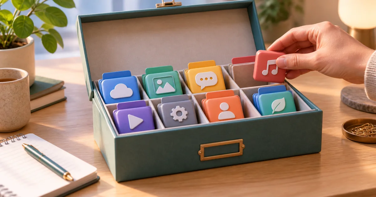 Several small application models fit into matching compartments in one open index box, with consistent color tabs joining their entries.