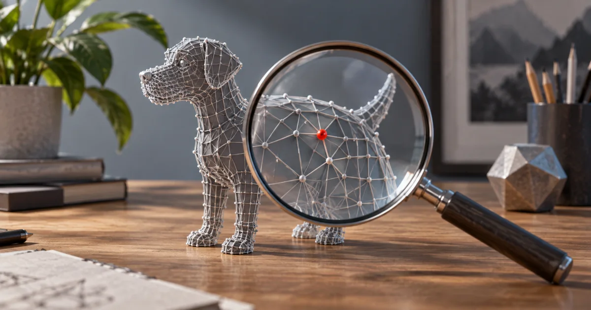 A magnifying lens examines a small wireframe sculpture, with one displaced mesh vertex highlighted by a contrasting pin.