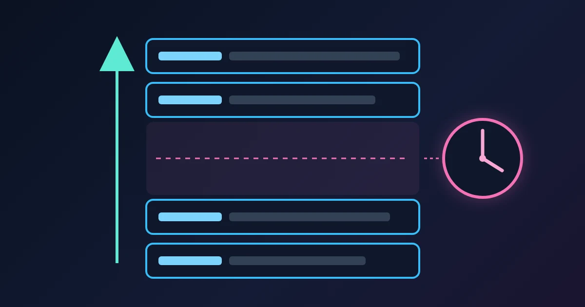 A vertical stack of four header strips on a dark navy background, read from the bottom up along an arrow, with a small clock beside the one gap that is much wider than the others.