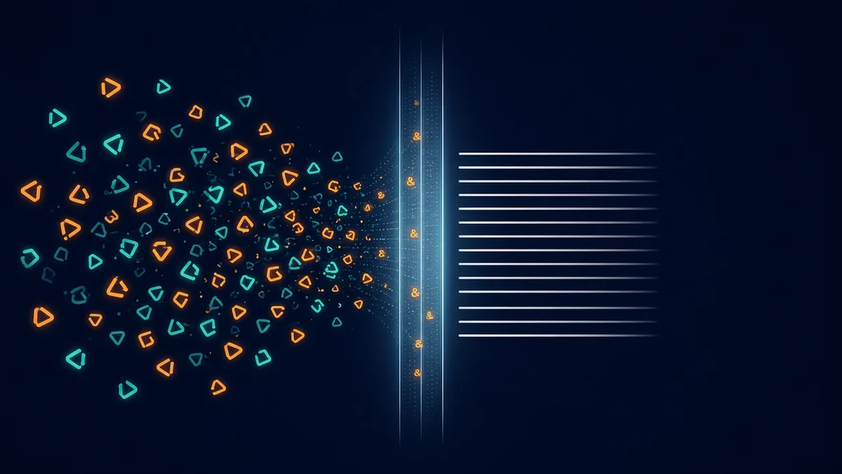 A block of angle-bracket tags on the left of a dark navy background passing through a thin filter and coming out on the right as clean lines of text, with a few small ampersand symbols caught in the filter.