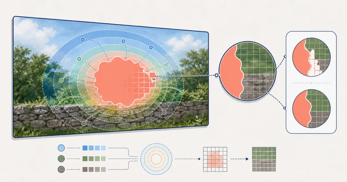 A masked image region draws color and texture from nearby sky, foliage, and stone to rebuild its pixels.