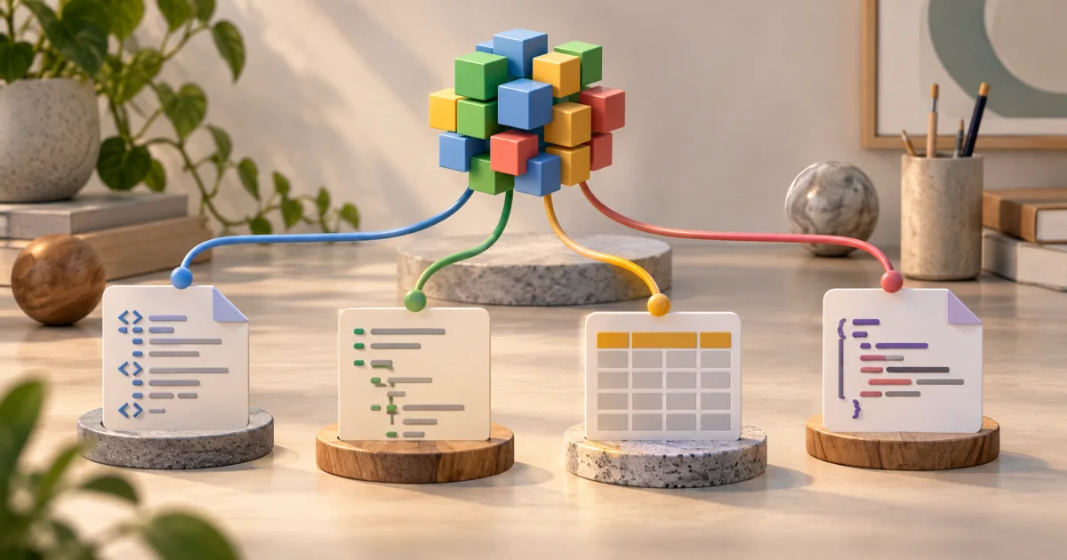 One structured arrangement of colored data pieces branches into a table grid, nested tree, tagged frame, and typed stencil.