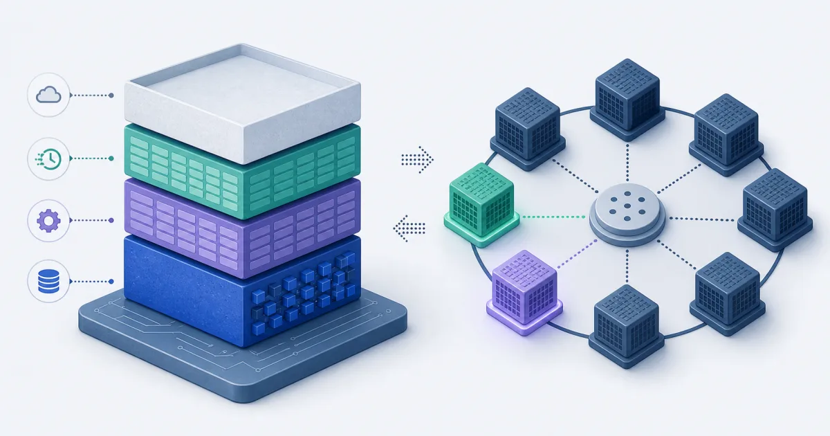 A layered memory stack sits beside a mixture-of-experts ring where only some experts are active.