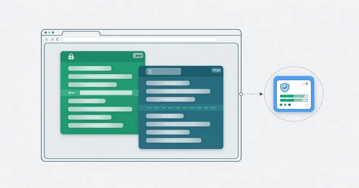 A .env card and a PEM certificate card sit inside a browser frame, with live SSL checking shown as a separate distant node.