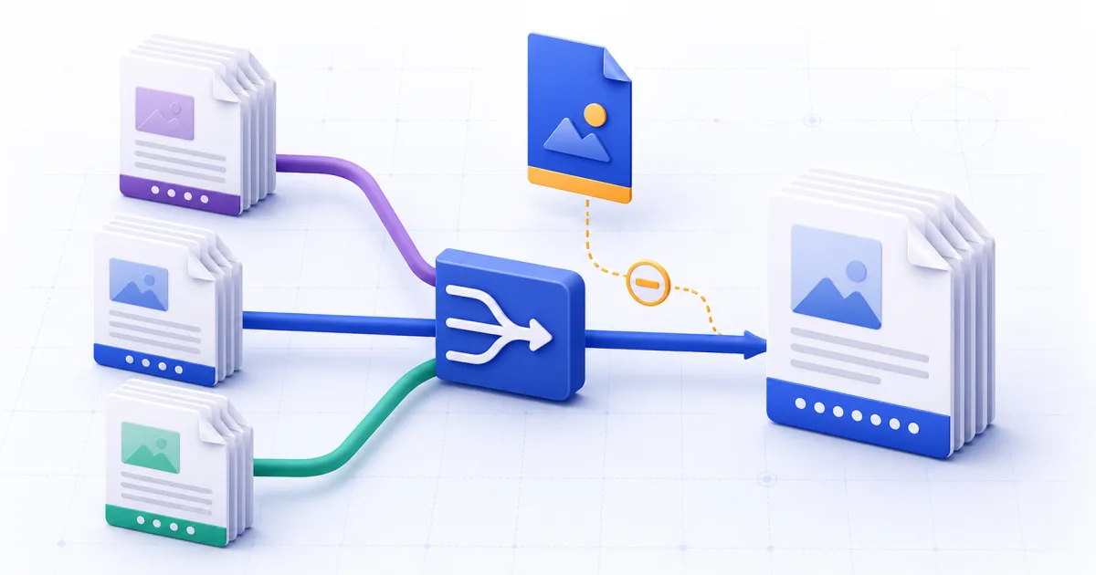 Several unnumbered PDF sections merge before one continuous page sequence is added.