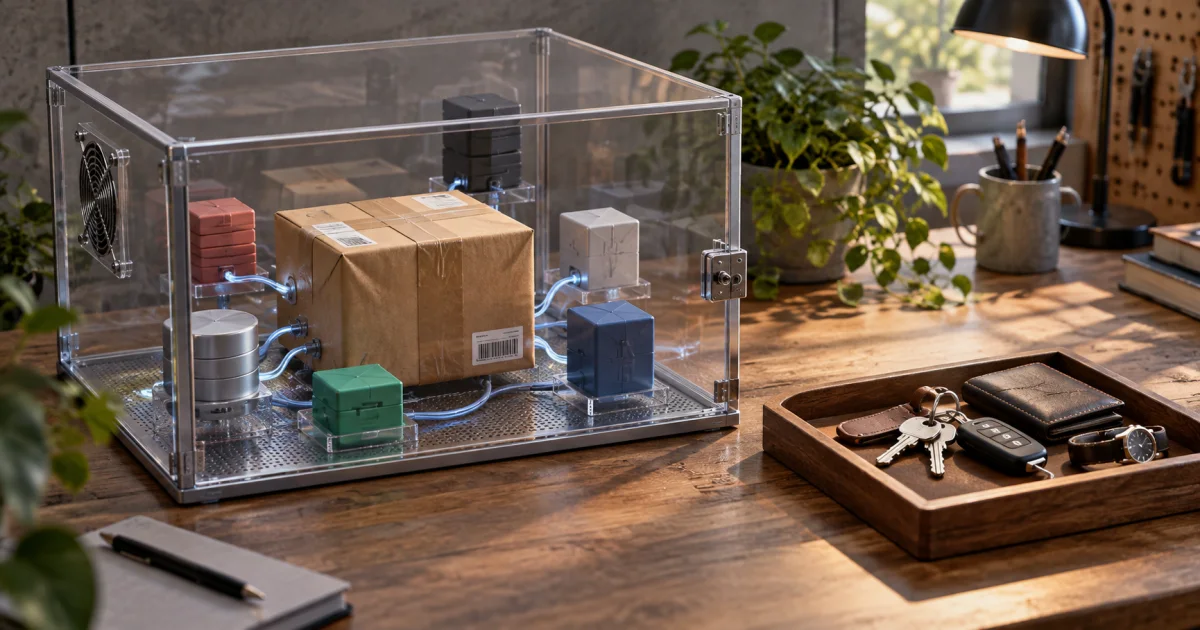 A closed transparent workshop enclosure contains a delivery package and its connected dependencies, separate from the user's personal key tray.