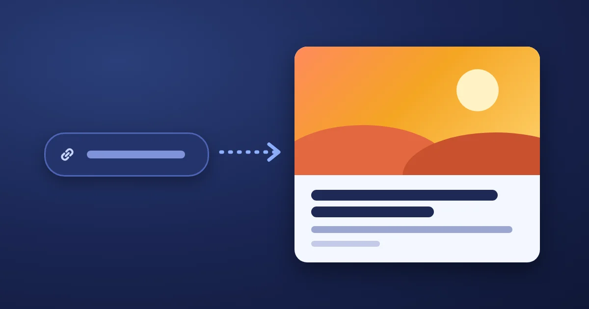 A plain link on the left turns into a rich preview card on the right, with an image block, a title bar, and a short description line.