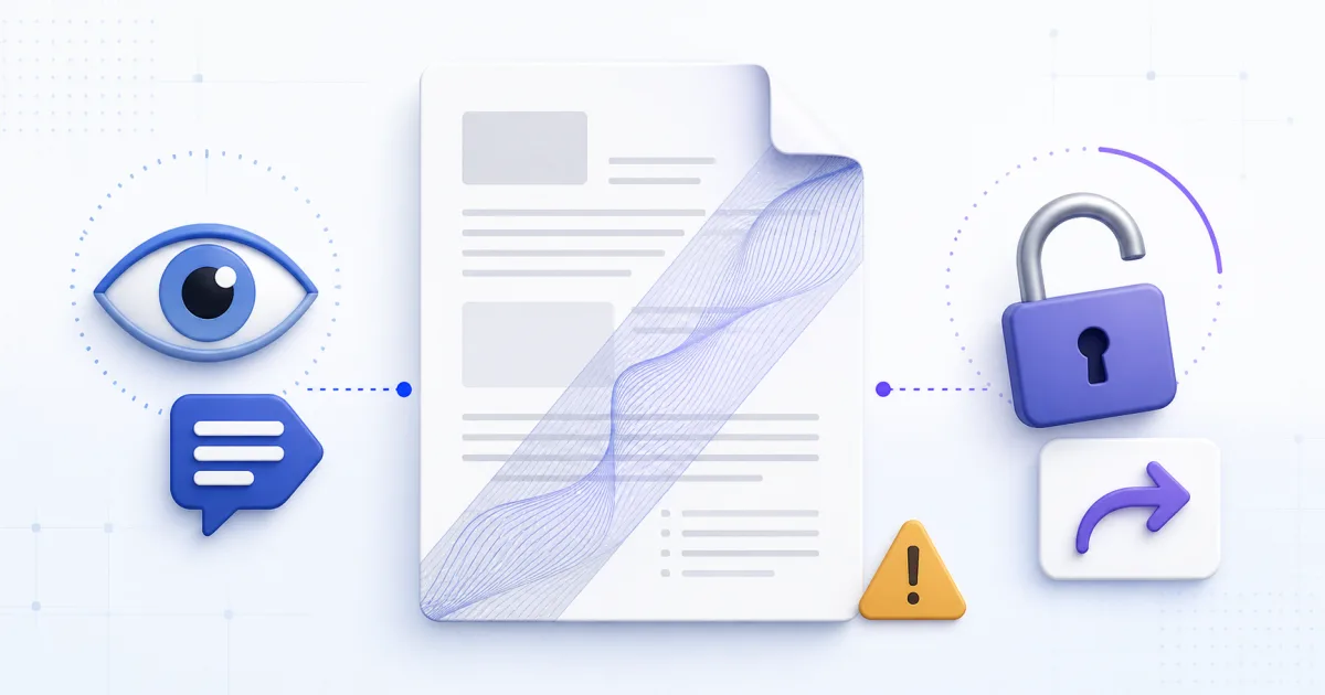 A visible confidential watermark covers a document while an open security lock remains separate.