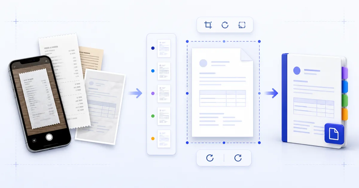 Phone photos of receipts and documents become ordered pages on a uniform print sheet.