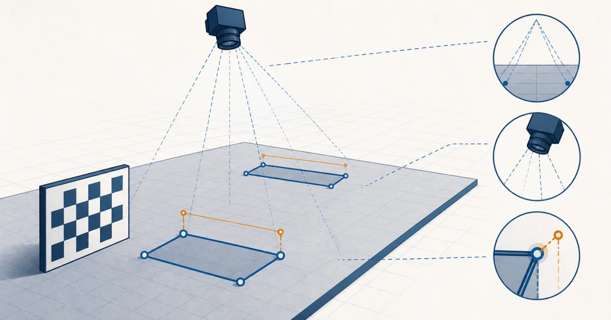 A camera projects objects at different depths onto one plane, showing perspective and endpoint measurement errors.