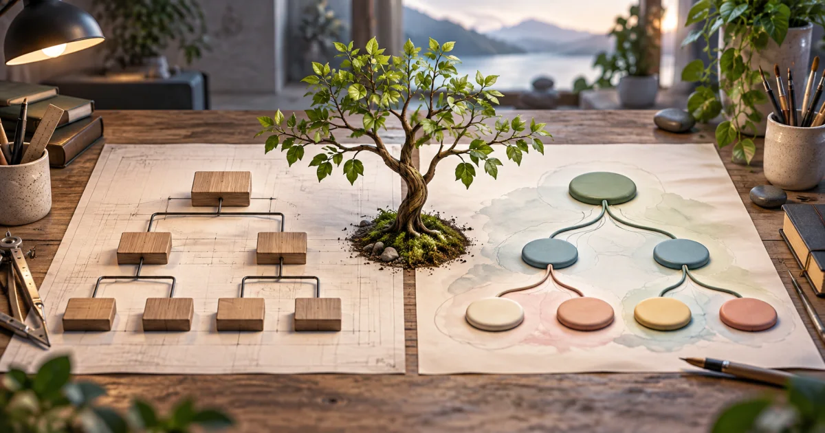 Two elegant drawing methods build the same branching structure, one with precise technical blocks and one with flowing curved connectors.