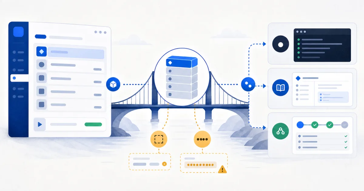 One structured API request crosses a bridge into terminal, documentation, and build pipeline workflows.