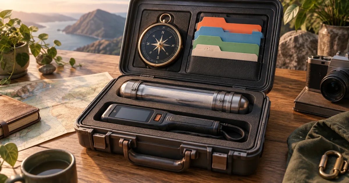 A neatly packed request kit contains a destination compass, header tabs, a sealed body capsule, and a portable terminal-shaped handle.