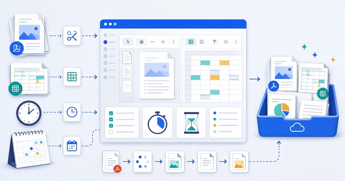 PDF, spreadsheet, clock, calendar, timer, and checklist tasks move through one organized browser workspace.
