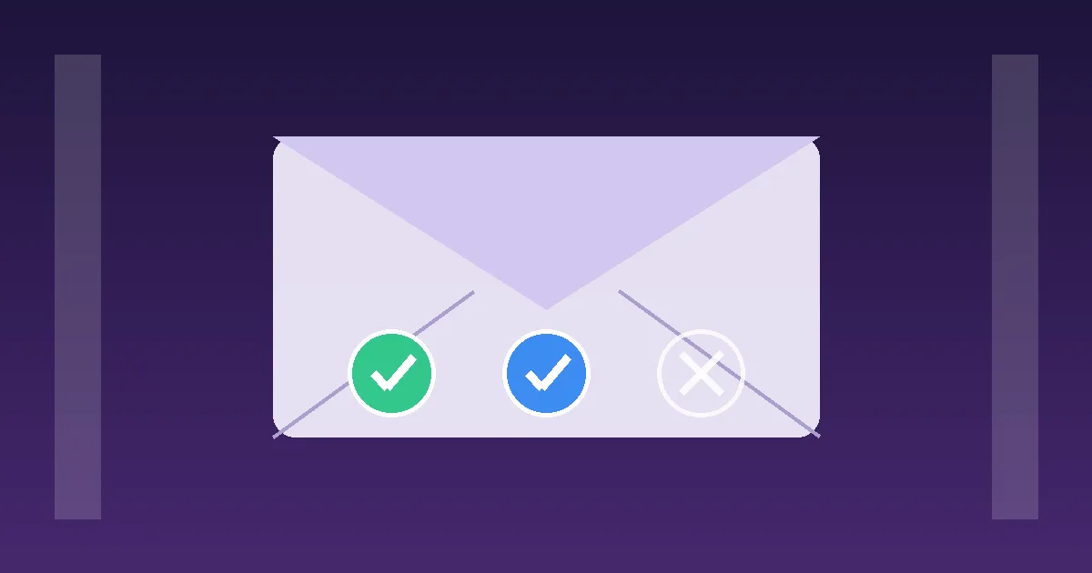 An envelope carries two checked seals and a third seal marked with a cross, illustrating one failed email authentication check.