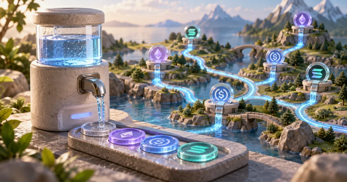 A small test-water dispenser fills several empty practice tokens, with a branching route map that locates the available stations.