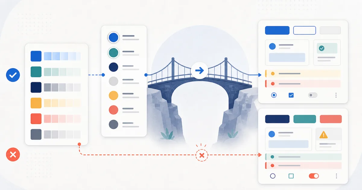 Palette tokens pass through semantic roles before reaching components, while a shortcut creates conflicting results.