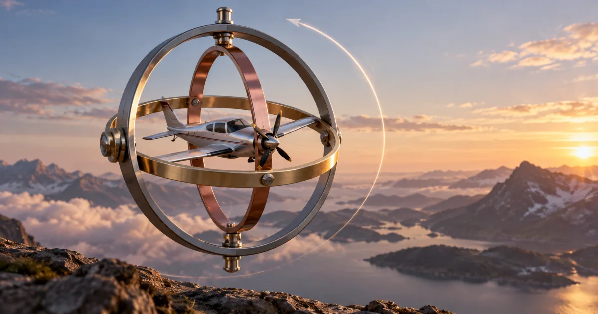 A three-ring gimbal surrounds a small airplane model beside a smooth single rotation arc in open space.