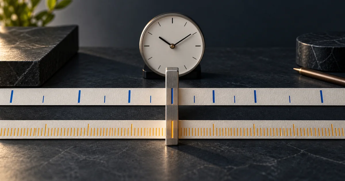 A metal event marker aligns blue and amber measurement tapes with different tick spacing beneath a plain clock.